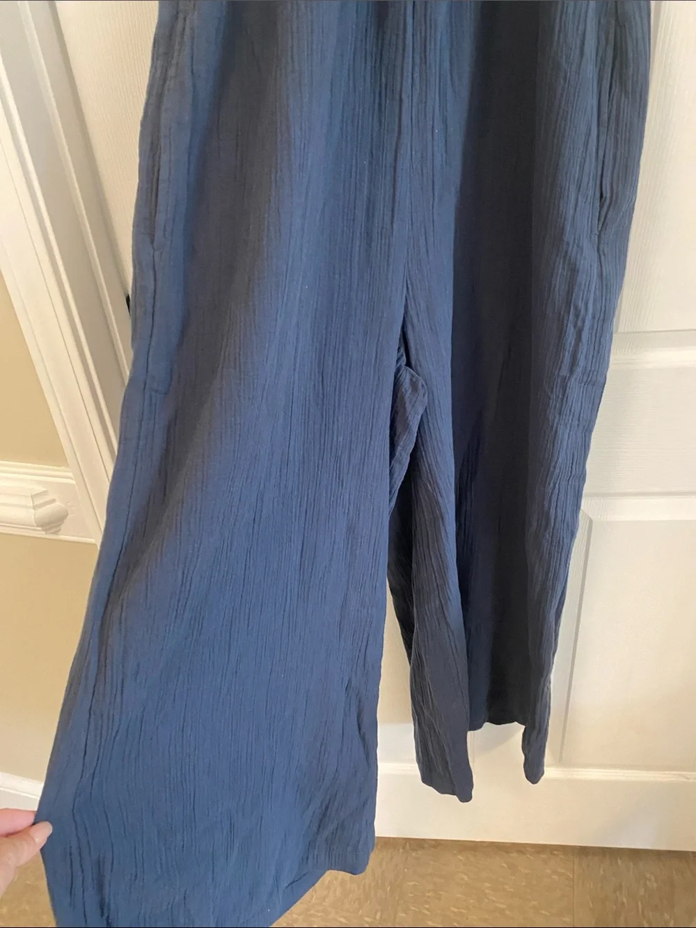 Quince Navy Smocked Strap Wide-Leg Jumpsuit - Picture 4 of 8